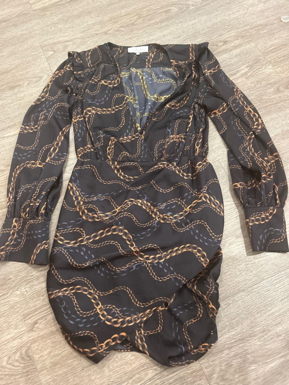 L'Academie Revolve Joyce Dress Black with Gold Chain Print - Picture 2 of 4